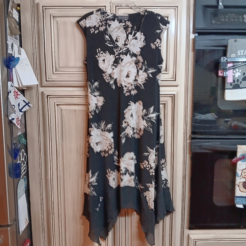 Luxology Floral Print Dress - Size 12 - Black / Cream‎ / White / Tan